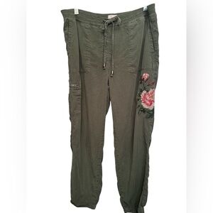 Postmark | Anthropologie Jarvis Olive Floral Embroidered Pants